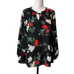Old Navy Ruffled Tie-Neck Plus-Size Georgette Blouse Large Black Floral Holiday